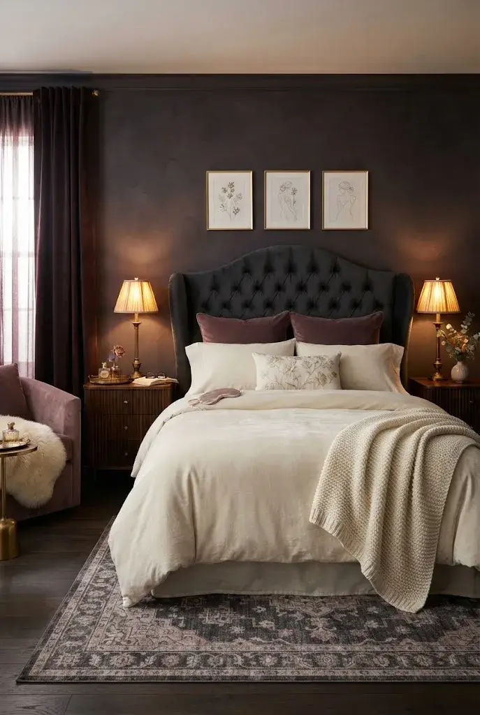 Elegant bedroom with a tall charcoal tufted headboard and soft feminine bedding.