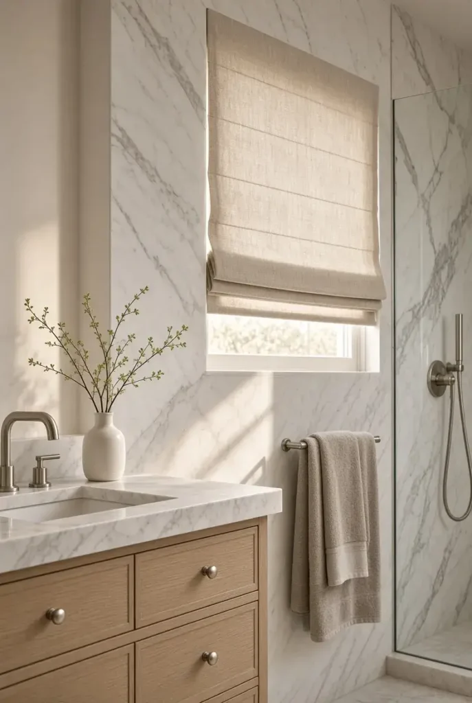 Elegant beige Roman shade on a clean and modern bathroom window