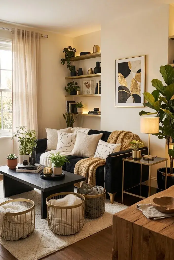 Elegant black couch living room with brushed gold accents and warm neutral decor.