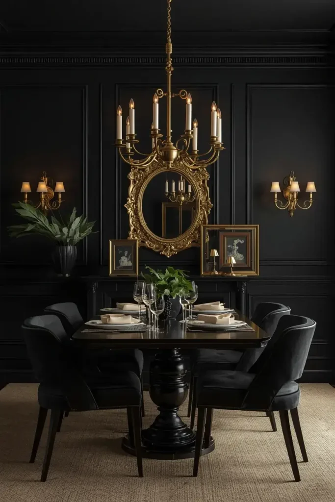 Elegant black dining room styled with warm brass lighting and decorative accents.