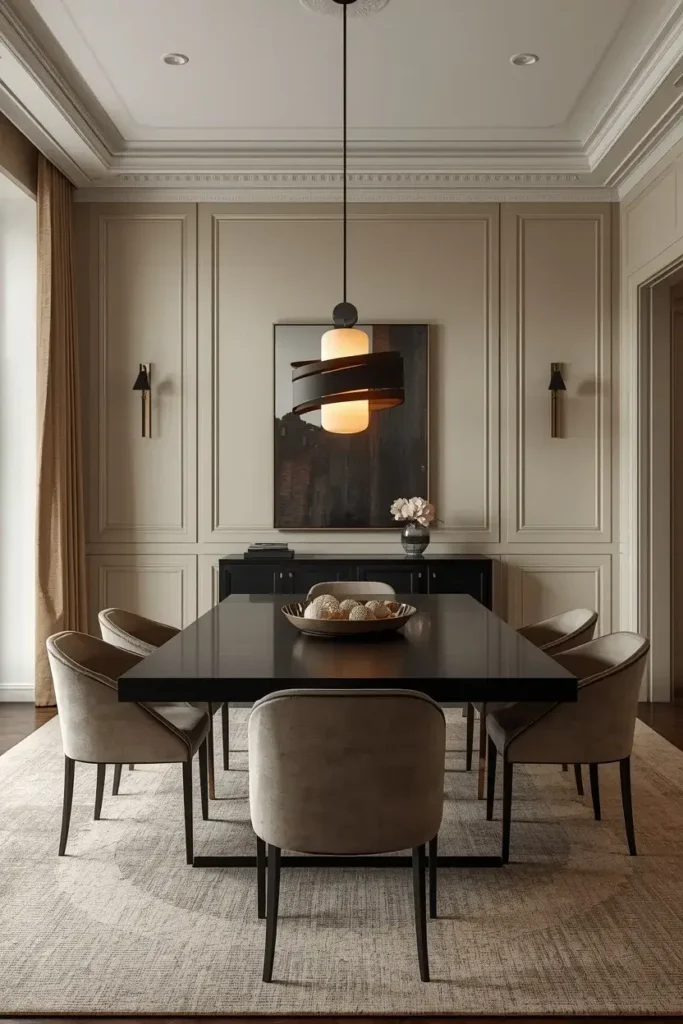 Elegant black dining table beneath a dramatic statement pendant light in a sophisticated dining room.