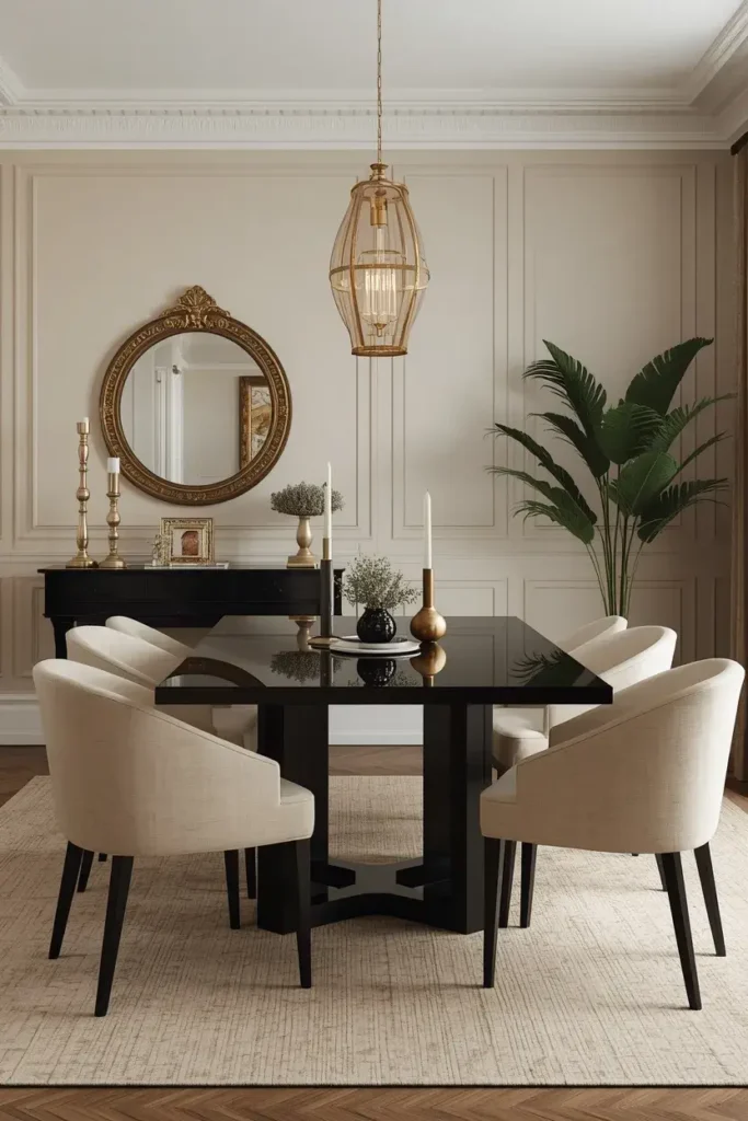 Elegant black dining table styled with brass accents, cream chairs, warm lighting, and neutral decor.