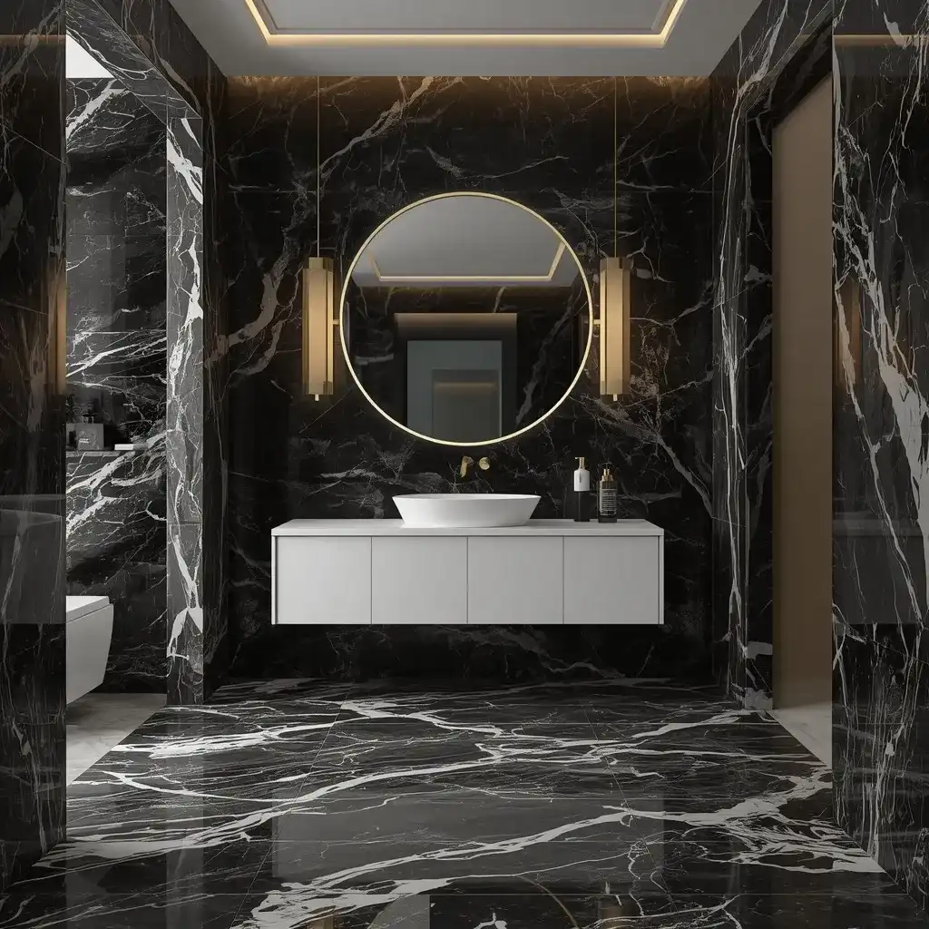 Elegant black marble bathroom with white veining, modern vanity, and warm lighting.