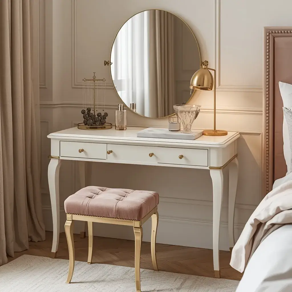 Elegant cream bedroom vanity with gold accents, marble tray, and blush velvet stool.