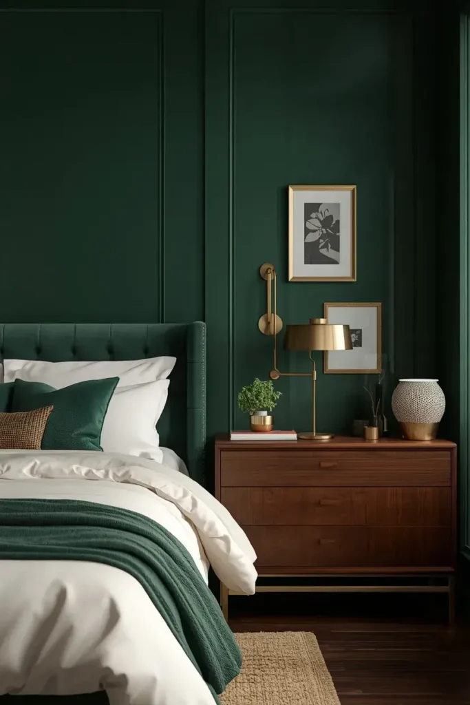Elegant dark green bedroom featuring cream bedding, brass lighting, gold frames, and warm neutral accents.