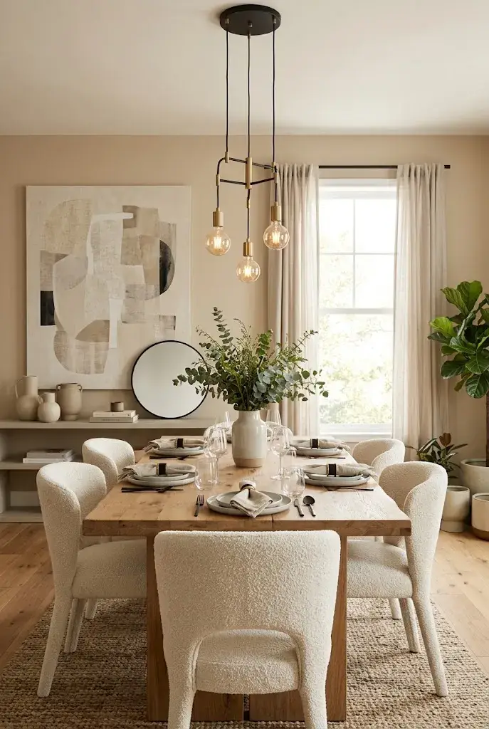 Elegant dining room featuring large neutral wall art above a wooden dining table.