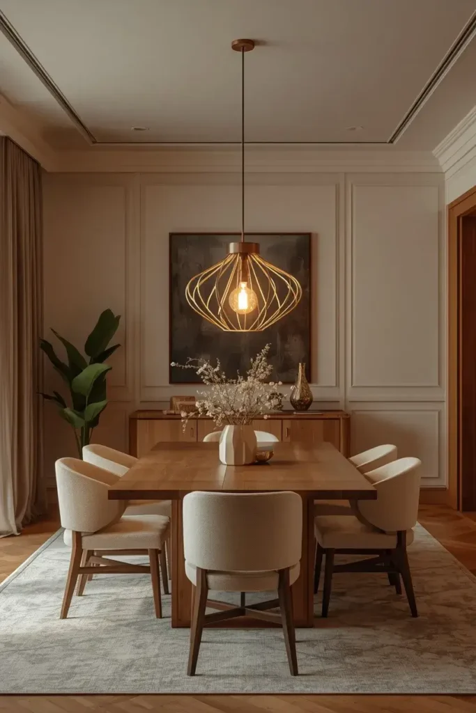 Elegant dining room with a statement pendant light hanging above a wooden dining table.