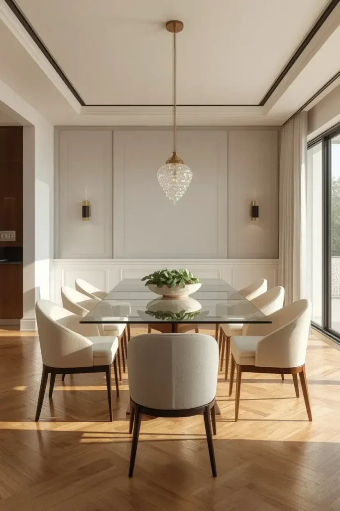 Elegant glass dining table with cream chairs and modern decor