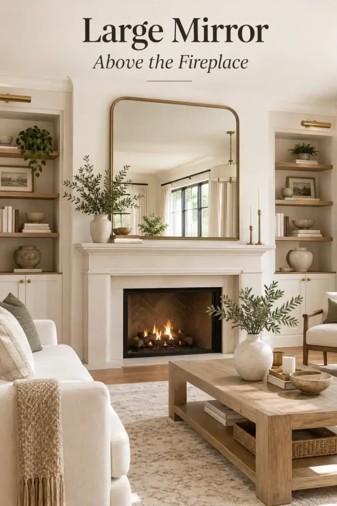Elegant living room fireplace decorated with a large mirror, neutral furniture, natural wood accents, and greenery.