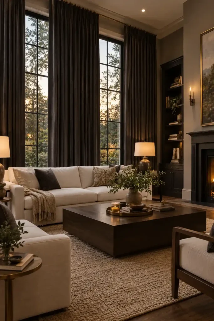 Elegant living room with dark charcoal curtains contrasting against a light cream sofa.