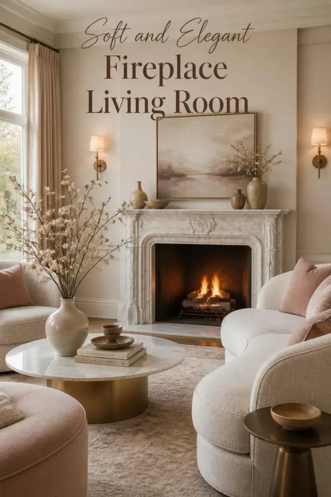 Elegant living room with marble fireplace, creamy furniture, muted blush accents, curved seating, and soft lighting.