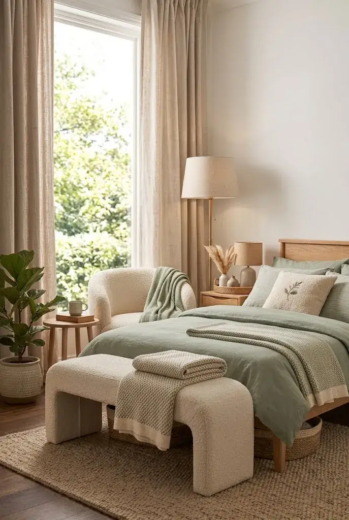 Elegant master bedroom with an upholstered bench at the foot of the bed