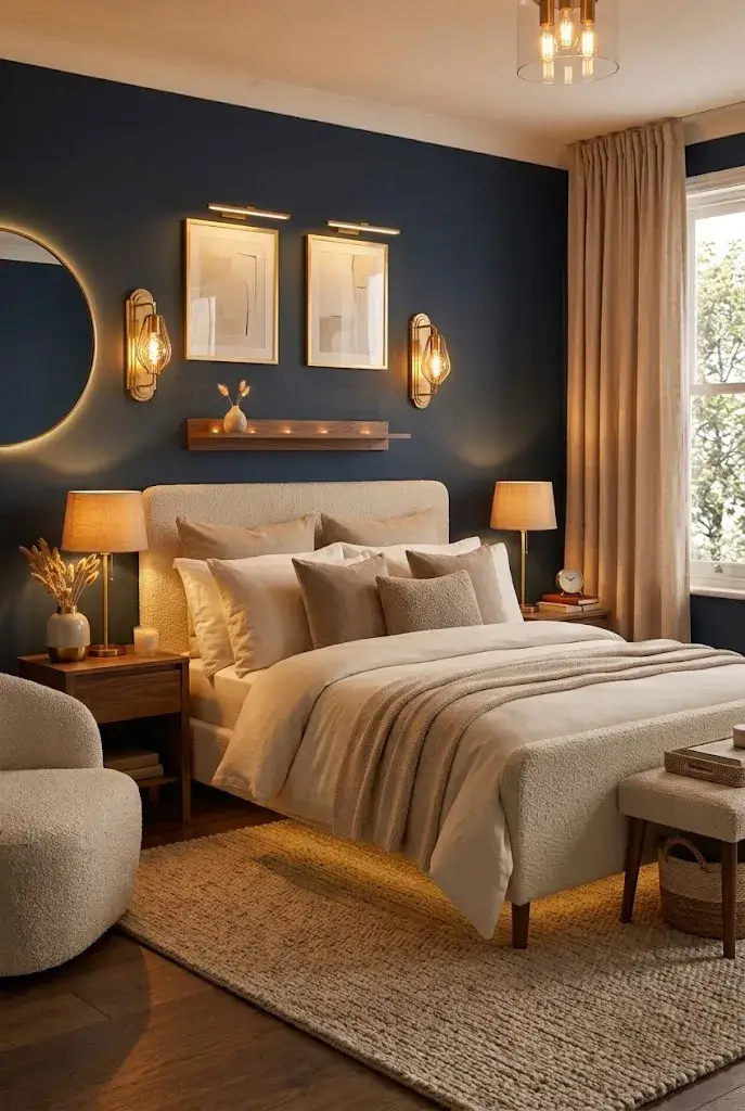 Elegant master bedroom with warm layered lighting and brass wall sconces