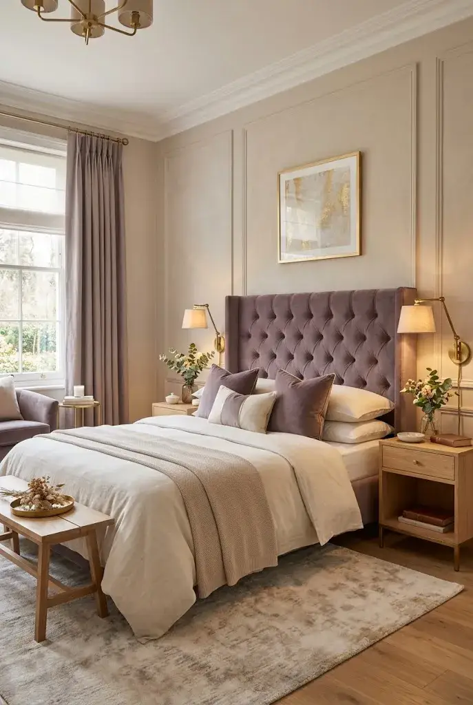 Elegant purple bedroom featuring a luxurious velvet upholstered headboard.