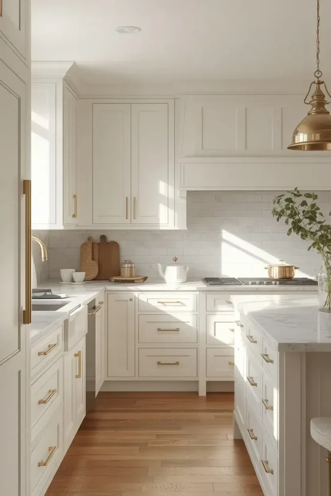 Elegant white kitchen with brushed brass hardware and warm details