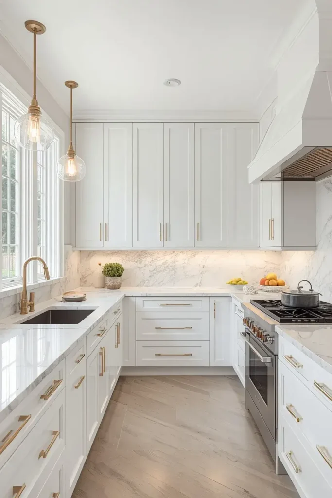 Elegant white kitchen with marble countertops and subtle gray veining