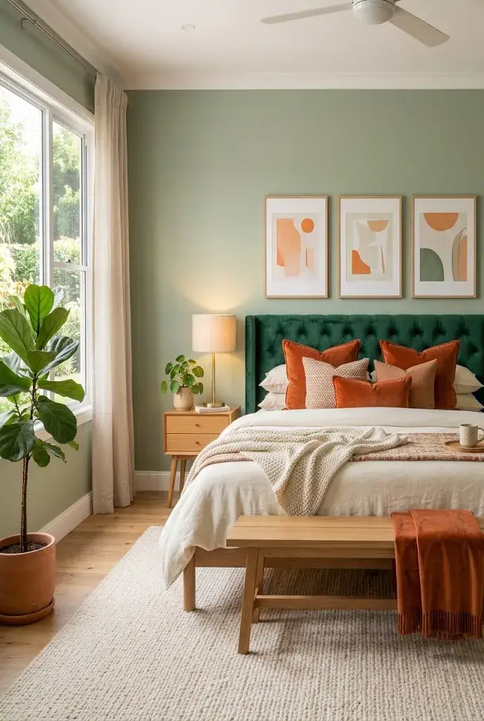 Emerald green upholstered headboard with burnt orange cushions and elegant bedroom decor.