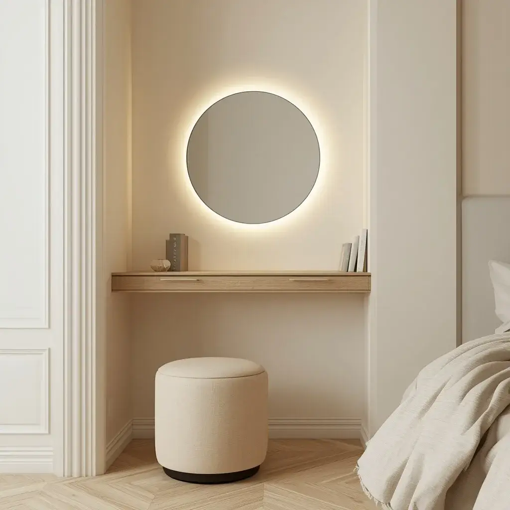 Floating bedroom vanity with wood countertop, round mirror, and compact stool.