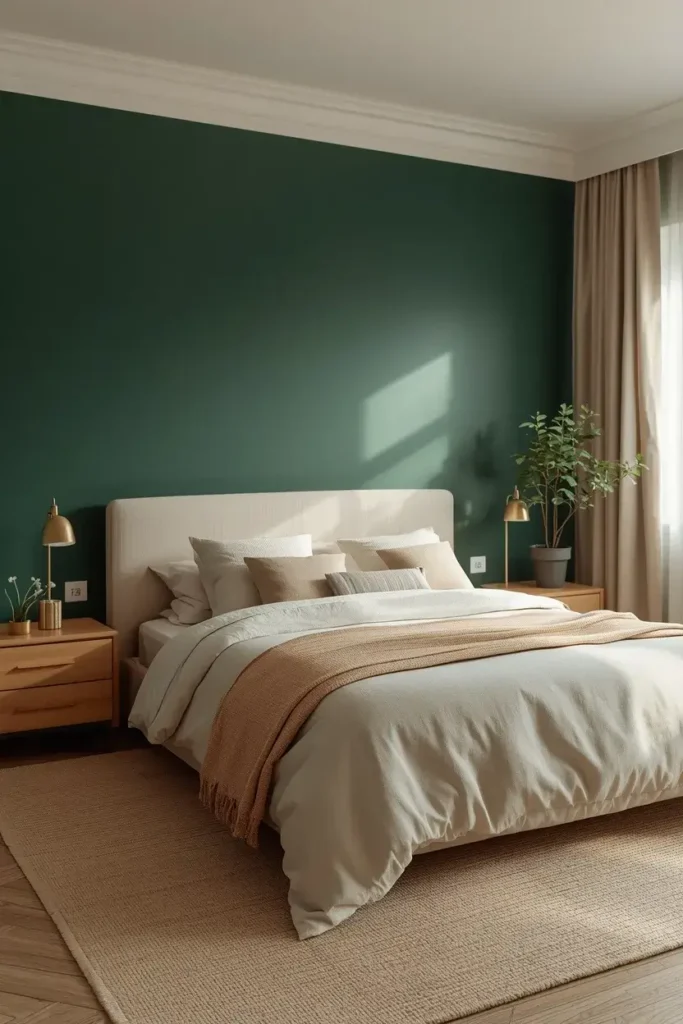 Forest green accent wall behind a bed with cream bedding, warm wood furniture, and soft lighting.