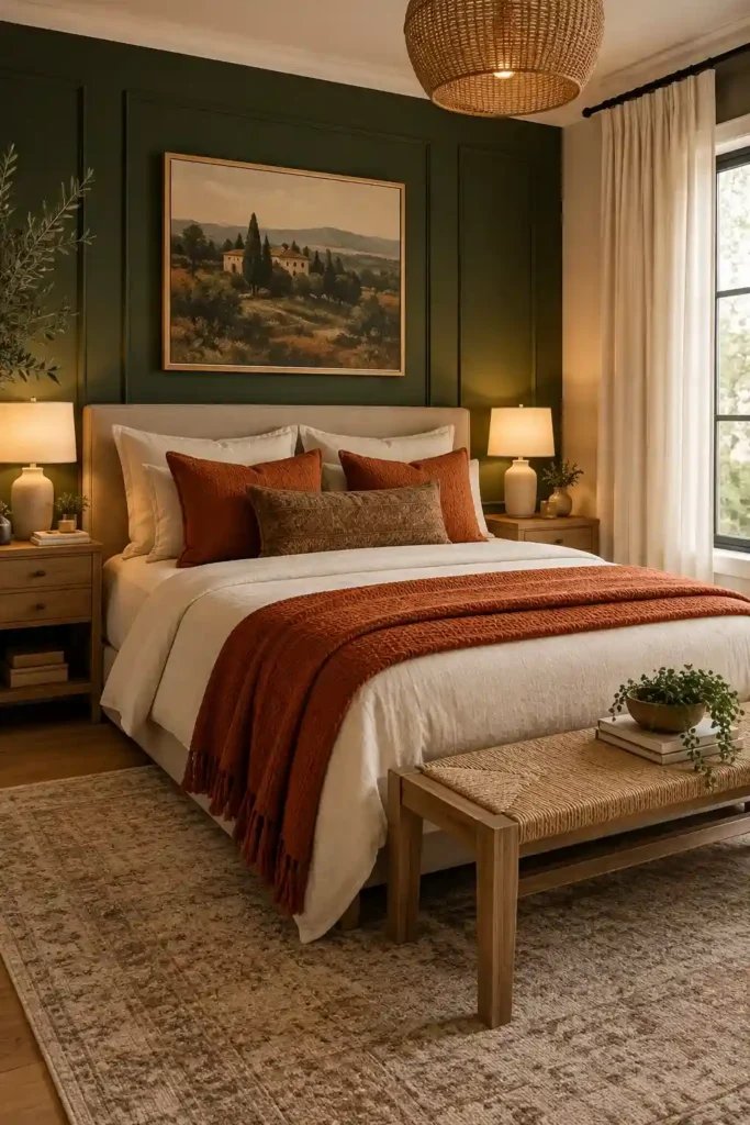 Forest green bedroom accent wall with rust orange cushions, cream curtains, and warm lighting.