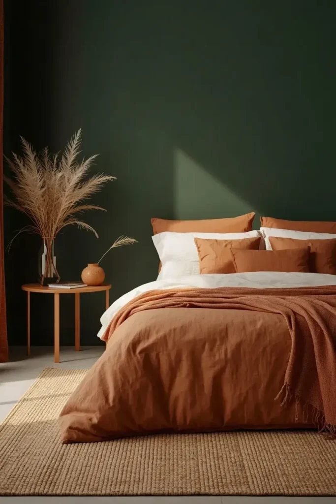 Forest green bedroom decorated with terracotta pillows, pottery, cream bedding, and warm wood accents.