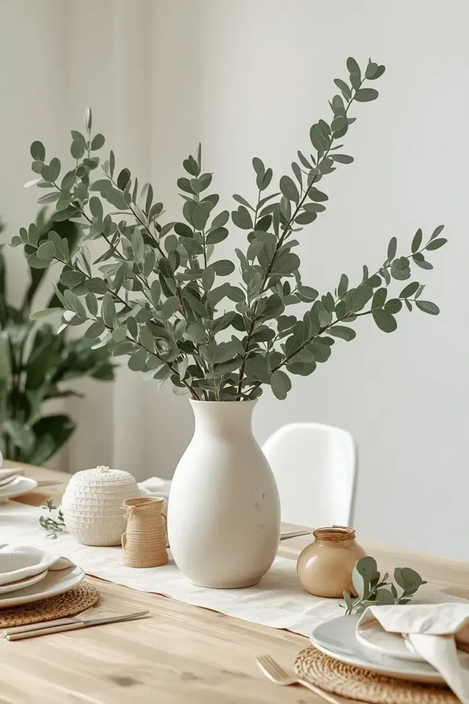 Fresh greenery in a ceramic vase creating a natural and calming table centerpiece.