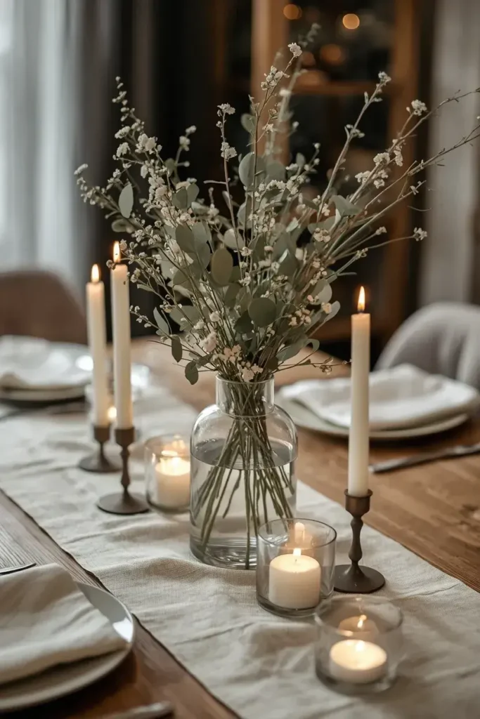 Glass vase with greenery and white flowers surrounded by warm candles on a dining table.