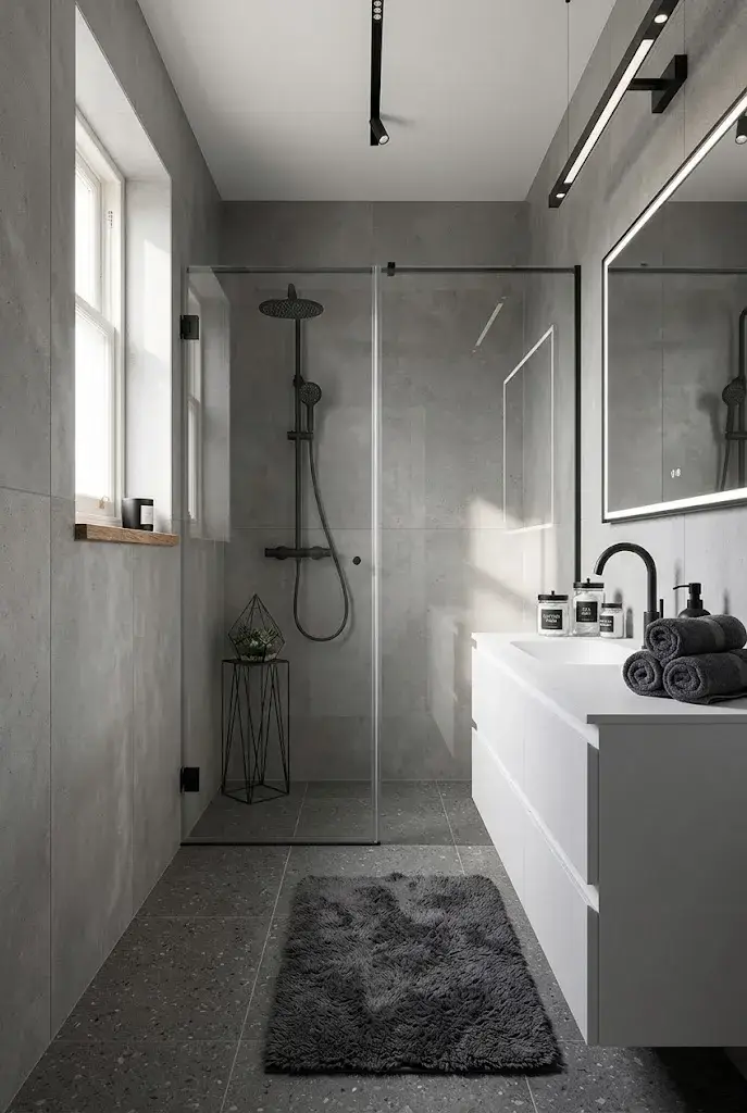 Gray bathroom rug in a sleek modern bathroom