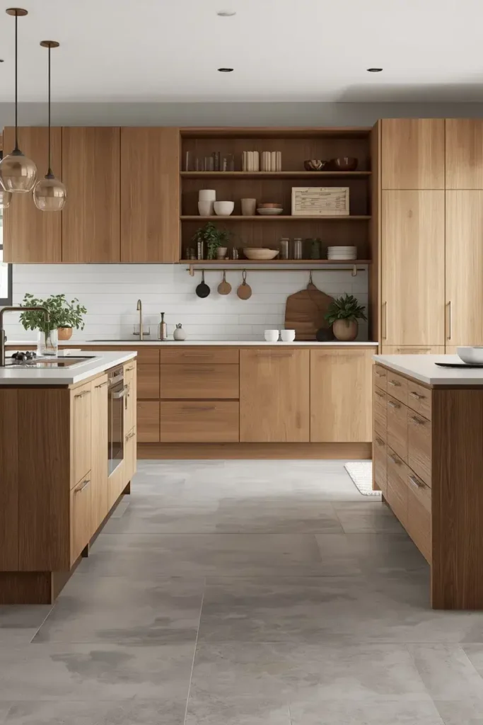 Gray kitchen tile floor paired with warm oak cabinets, wooden island, and modern pendant lighting.
