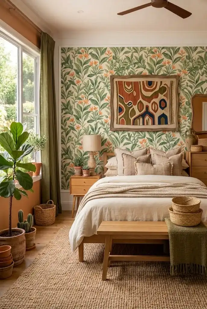 Green and orange botanical wallpaper bedroom with cream bedding and natural wood furniture.