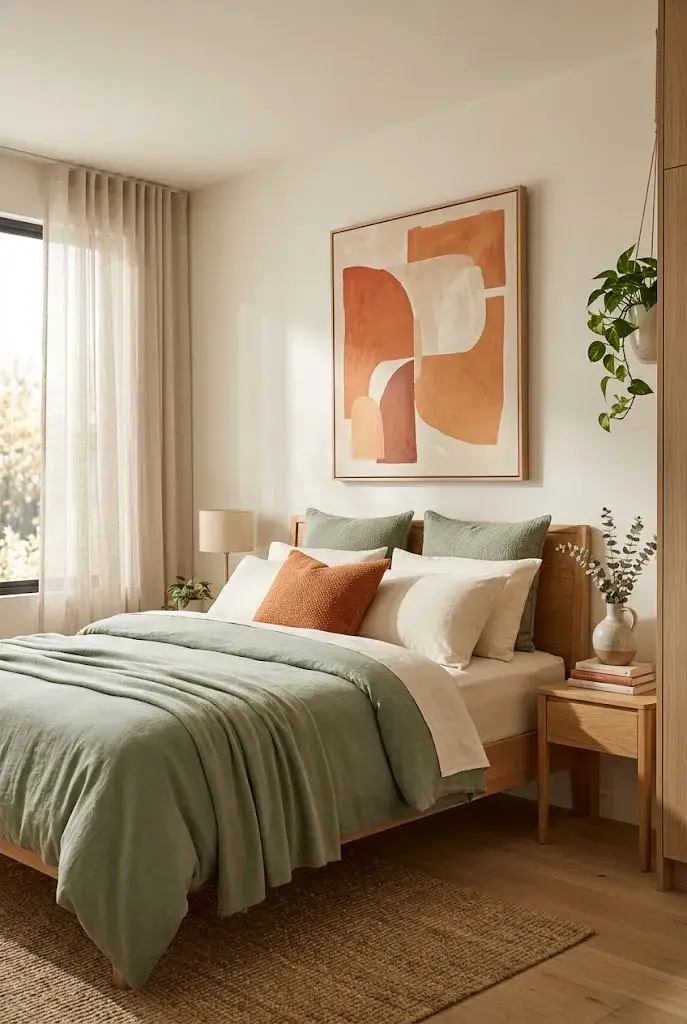 Green bedding with orange wall art, cream walls, wooden furniture, and modern bedroom decor.