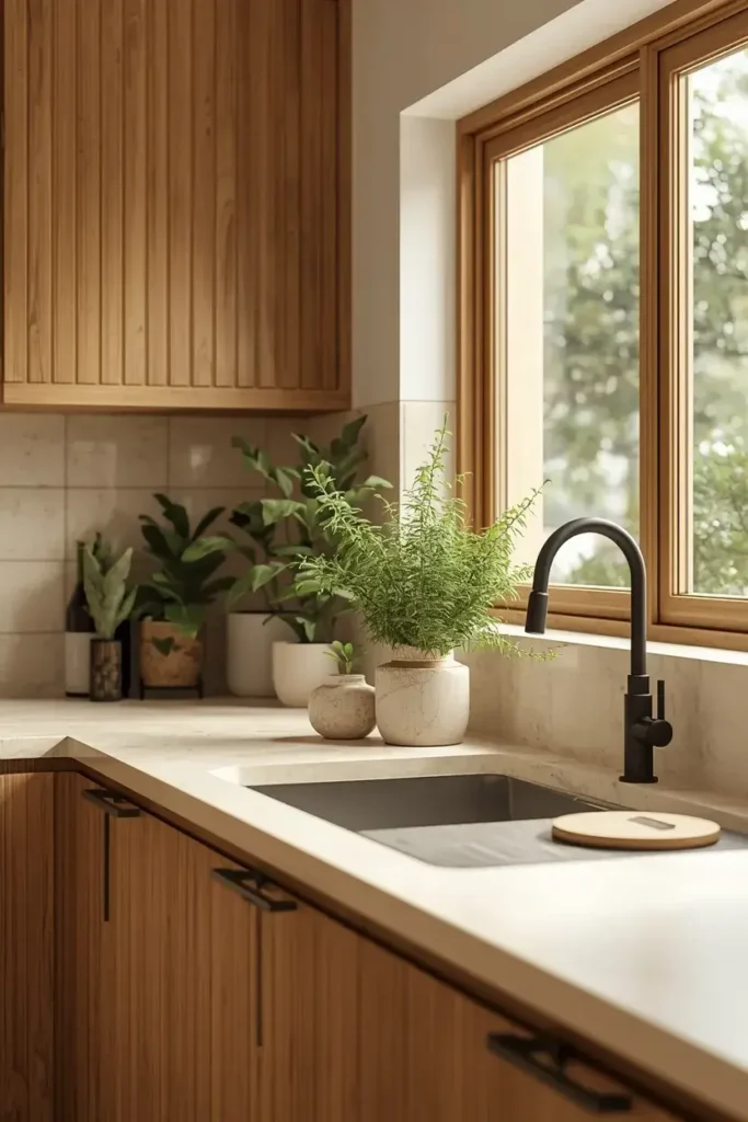 Green plants and herbs bring a fresh natural touch to this calm Japandi kitchen.