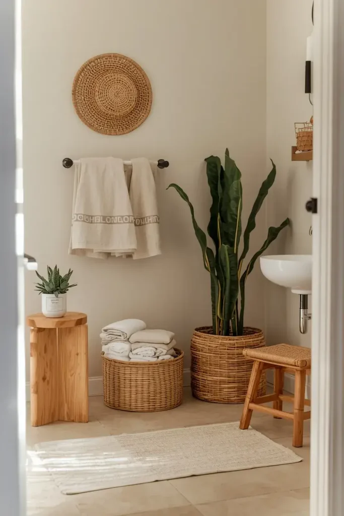 Guest bathroom decorated with rattan baskets, wood accents, linen towels, and greenery