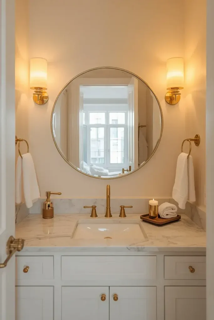 Guest bathroom with a round brass statement mirror and warm vanity lighting