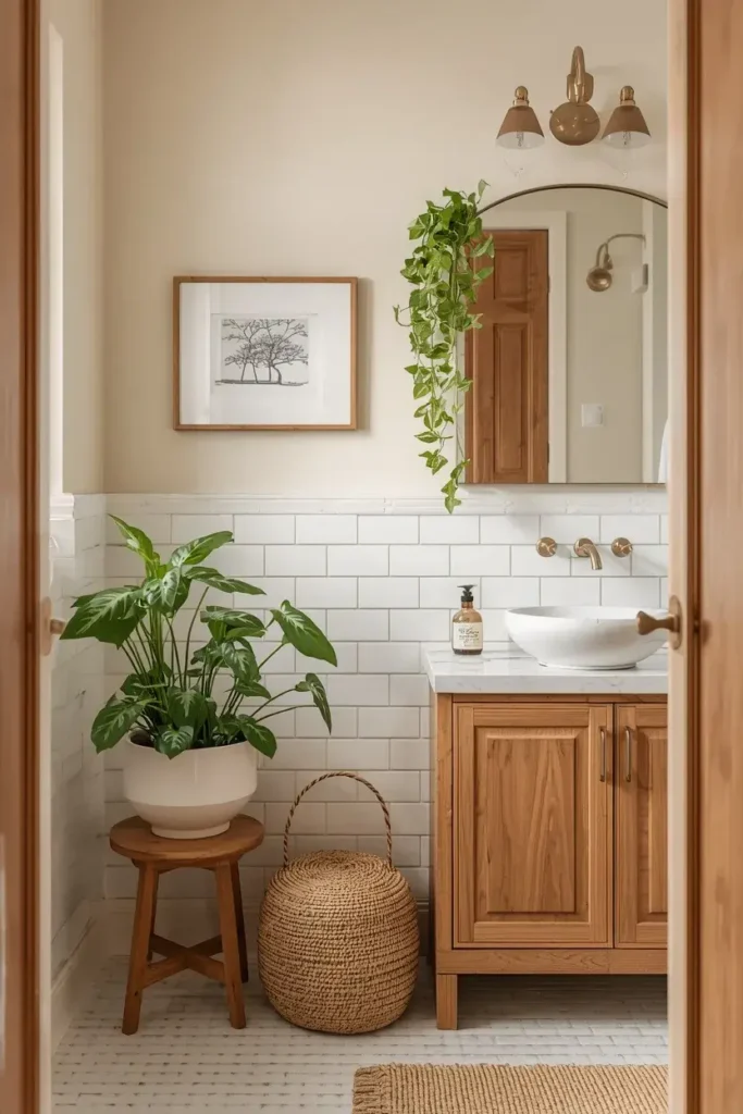 Guest bathroom with green plants, ceramic planters, wood accents, and natural decor