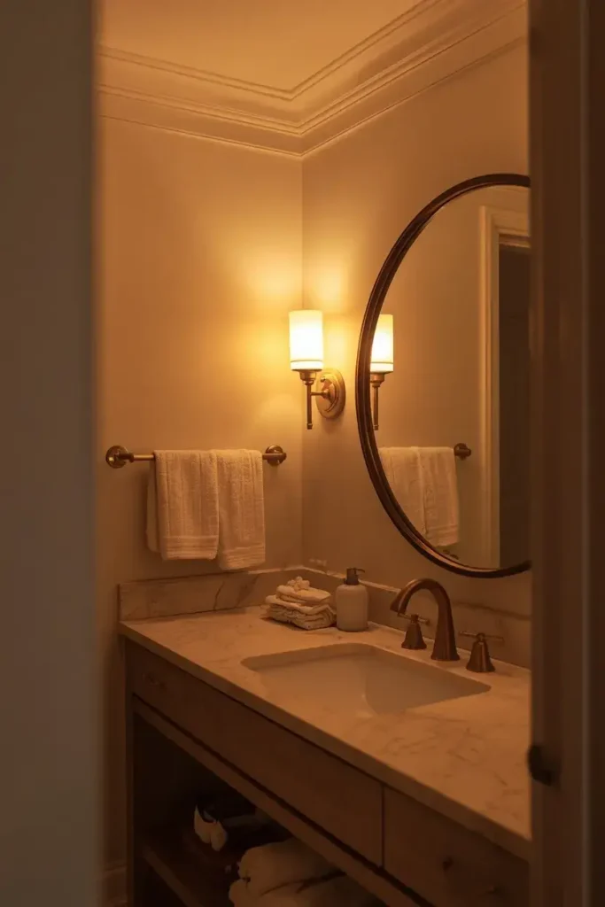 Guest bathroom with layered warm lighting, wall sconces, brass fixtures, and neutral decor