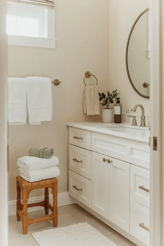 Guest bathroom with neatly folded plush towels, woven basket, and sage green accents