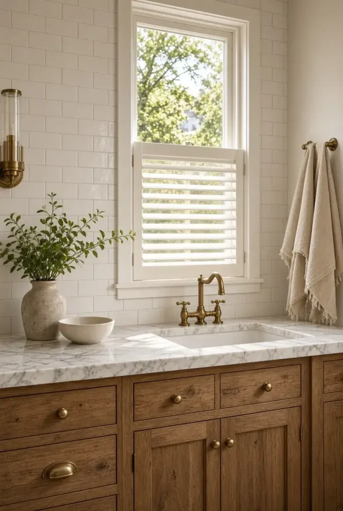 Half-length white shutters providing timeless privacy for a bathroom window