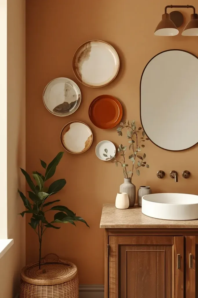 Handmade ceramic plates arranged artistically on a bathroom wall.