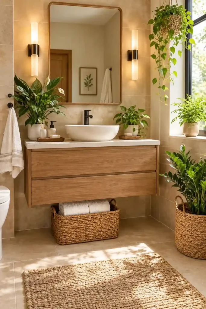 Inviting bathroom decorated with green plants, natural wood, beige stone, and woven accents.