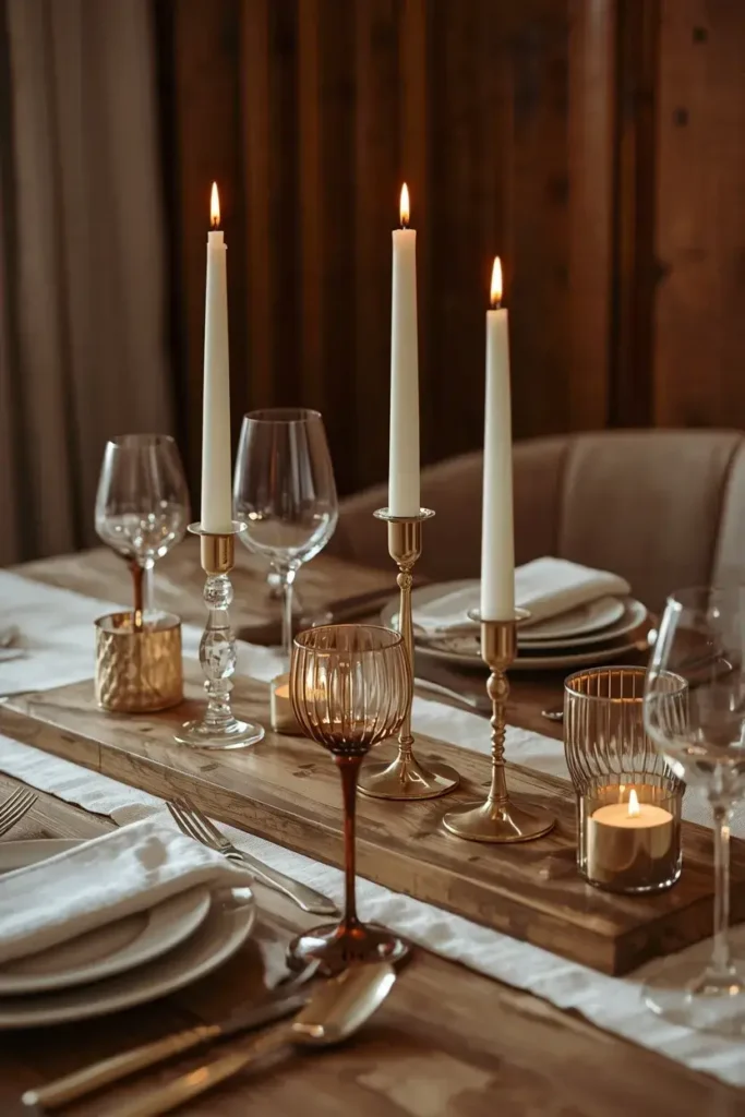 Ivory candles in varied holders creating a warm and intimate dining table centerpiece.