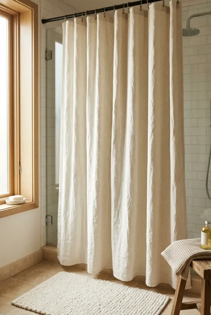 Ivory linen look shower curtain creating a spa inspired bathroom
