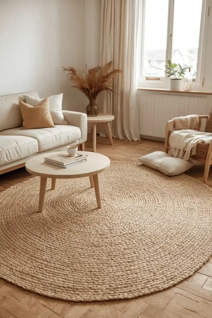 Japandi living room with a natural fiber rug, cream sofa, and light wood furniture.