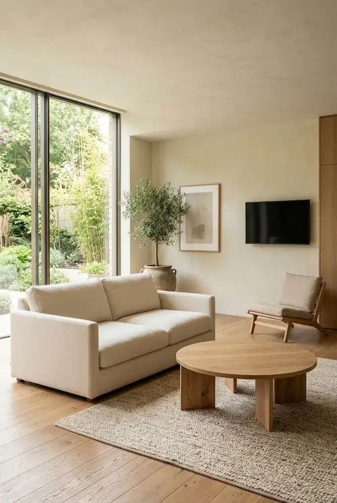 Japandi living room with low-profile furniture and an open minimalist layout.