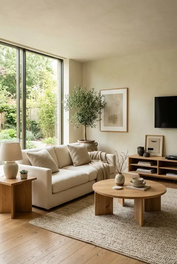 Japandi living room with natural oak furniture, cream seating, and warm earthy decor.