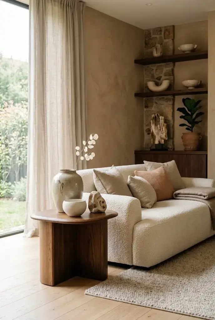 Japandi living room with organic-shaped ceramics, curved furniture, and natural accessories.s