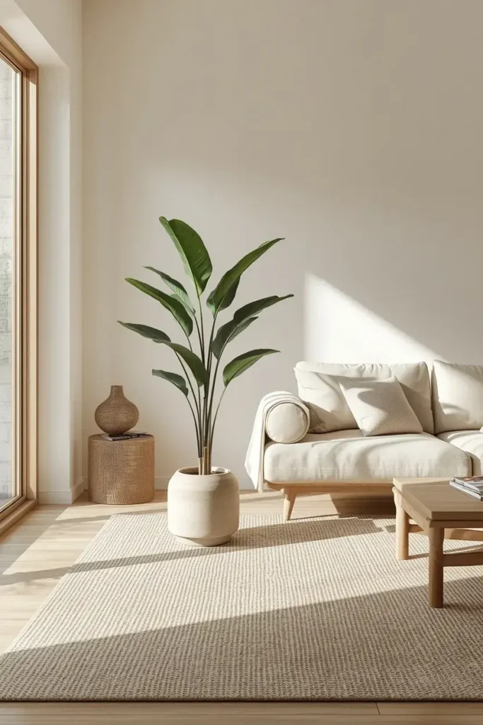 Japandi living room with simple greenery, natural wood furniture, and neutral decor.