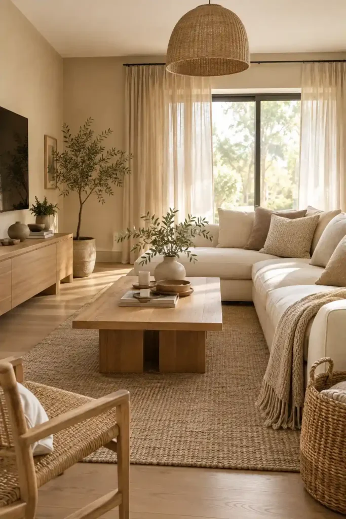 Japandi living room with soft beige, cream, taupe, and natural wood tones.