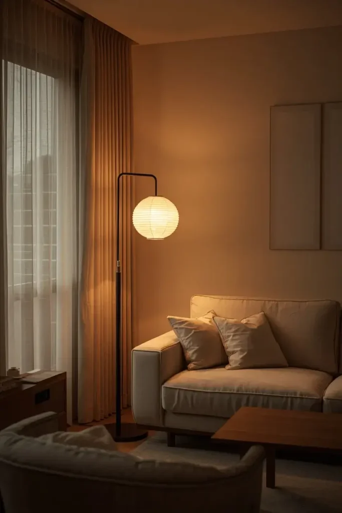 Japandi living room with soft warm lamps, neutral furniture, and cozy ambient lighting.
