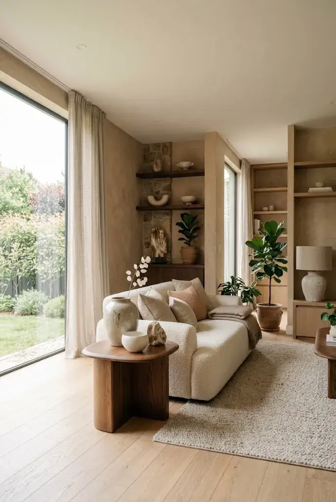 Japandi reading corner with a cream lounge chair, wooden side table, and warm floor lamp.